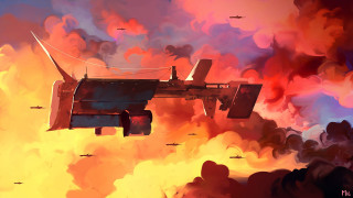 Plane cloudy sky dusk fantasy - anton fadeev free wallpaper