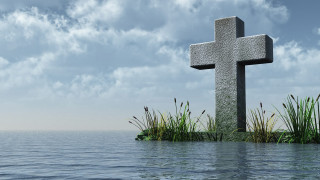 Cross water grass cloudy sky - the middle of a body free wallpaper