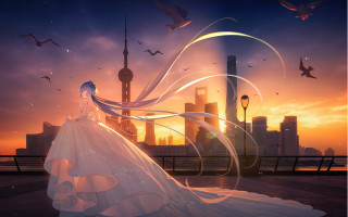 Woman white dress sunset city 2 - chen chun free wallpaper