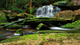 Mossy rocks forest waterfall impressionist - free landscape wallpaper