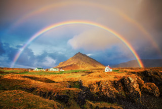 Rainbow mountain house cloudy sky - mystical free wallpaper