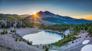 Mountain lake trees sunset light 2 - the foreground and a sun free wallpaper