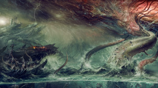 Giant octopus attack ship fantasy - lovecraftian free wallpaper