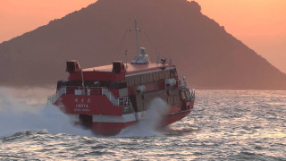 Red white boat ocean mountain - dawn free wallpaper