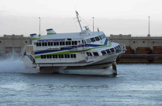 Ferry boat river dock bridge - front view free wallpaper