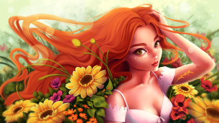 Woman red hair flower field - art station free wallpaper for desktop