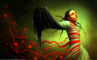 Woman blackhair stripeddress fantasyfire glowing - a long black hair free wallpaper