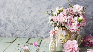 Basket flowers wheel stilllife pink - a gray wall free wallpaper