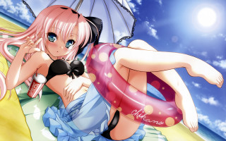 Beach girl umbrella lifepreserver blue - a beach free wallpaper