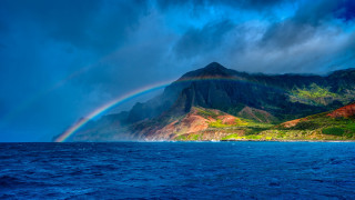 Rainbow mountain ocean boat mystical - the water below free wallpaper