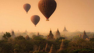 Hot air balloons forest pagodas - andrew law free wallpaper