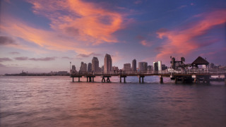 City skyline water sunset pier - hdr free wallpaper