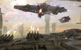 Futuristic fighter jet city smoke - over a city free wallpaper