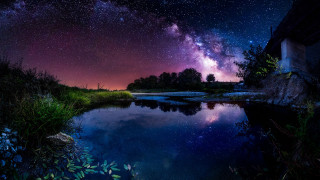 River reflection starry sky building - a reflection of the sky free wallpaper