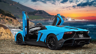 Blue sports car rocky beach 2 - the door open free wallpaper