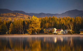 Lake house trees mountains autumn 2 - the background and mountains free wallpaper