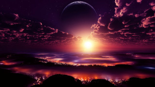 Sunset planet city purple clouds - a distant planet in the distance free wallpaper