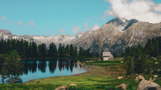 Mountain lake pine trees house - a mountain lake free wallpaper