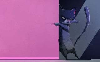 Serious cat standing behind pink - 2 d game art free wallpaper for desktop