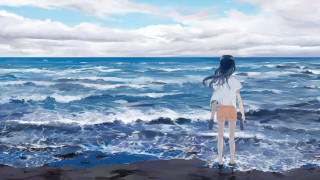 Woman beach ocean waves cloudy - atey ghailan free wallpaper