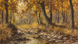 Autumn forest stream oil painting - thomas kindkade free wallpaper