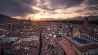 City sunset mountains bridge buildings - florence engelbach free wallpaper
