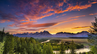 Sunset valley mountains river landscape - the background and a river free wallpaper