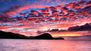 Sunset mountains water boat clouds - colorful cloud free wallpaper