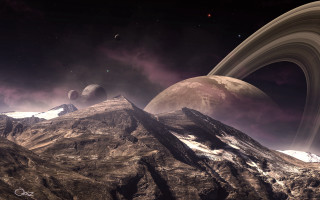 Space planet mountains city night - a distant star in the background free wallpaper for desktop
