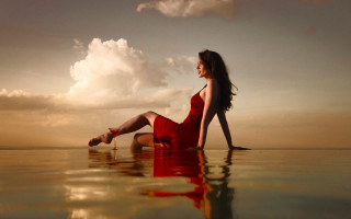 Woman red dress water sunset - annie leibovitz free wallpaper