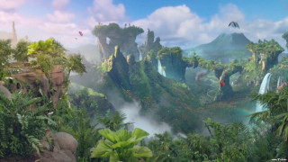 Jungle waterfall birds flying sky - neoprimitivism free wallpaper