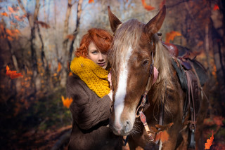Woman horse autumn leaves forest - area free wallpaper