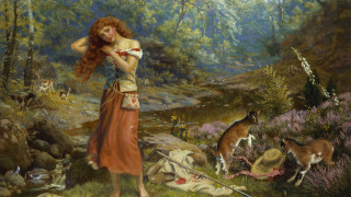 Woman red dress forest animals - raphaelite free wallpaper