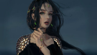 Woman black hair green eyes - art station free wallpaper