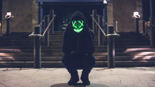 Cyberpunk scenery person greenmask blackjacket - a step free wallpaper