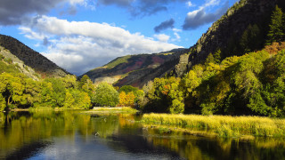 River mountains trees cloudy sky 5 - grass and trees free wallpaper