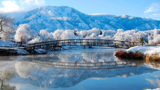 Mountain river bridge snow trees - beautiful scenery free wallpaper