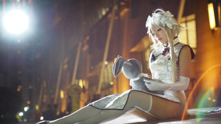 White dress blonde gothic sitting - her head and a hat free wallpaper