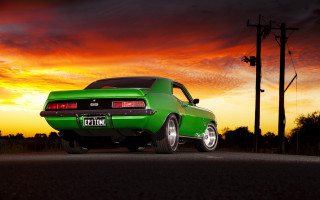 Green car sunset red sky - ed roth free wallpaper