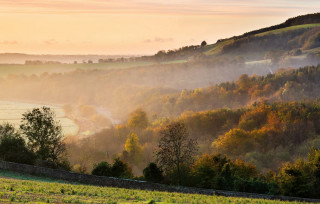 Autumn valley fog sunset forest - a view of a valley free wallpaper