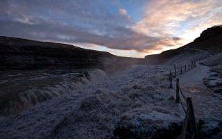 Snowy path waterfall mountains sunset - waterfall free wallpaper