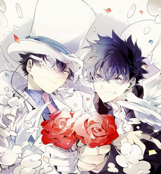 Anime characters hats flowers hands - one holding free wallpaper for tablet