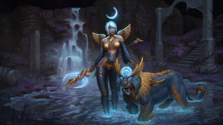 Woman cave waterbuffalo waterfall fantasy - league of legends concept art free wallpaper