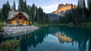 Cabin rock wall lake mountain - a cabin free wallpaper