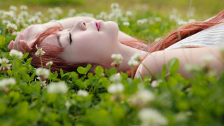 Woman lying flowers closed eyes - byeon sangbyeok free wallpaper