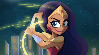 Cartoon woman lightsaber city stars - her hand and a city in the background free wallpaper