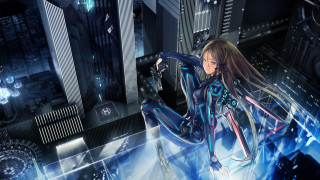 Futuristic woman city clocktower holography - cyberpunk style free wallpaper for desktop