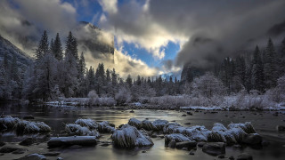 River snow covered trees cloudy - cloud above free wallpaper