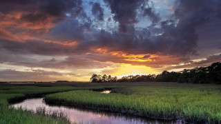 Sunset marsh stream trees cloudy - charles ragland bunnell free wallpaper