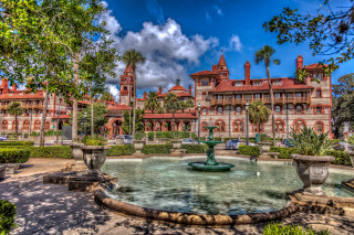 Large building fountain trees cloudy - hdr free wallpaper